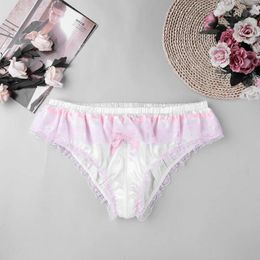 Women's Swimwear Men Shiny Satin Sissy Panties Lingerie Pink Ruffle Floral Lace Zipper Crotch High Cut Briefs Sexy Gay Underwear