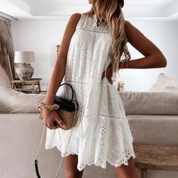 Casual Dresses Womens Summer Outfits For Women 2024 Sleeveless Hollow Out Lace Dress A Line White Tank Vestido Feminino