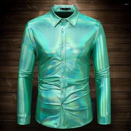Men's Dress Shirts Lapel Long Sleeve Shirt Sequin Disco For Men Button Down Party Costume With Shiny Golden Design Stage