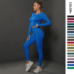 2Pcs Women Sets Energy Seamless Gym Suits Bubble Butt Sports PantsLong Sleeve Shirts Push Up Running Sets Tracksuits Tights Set 240229