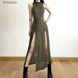 Urban Sexy Dresses Goth Dark Cyber Gothic Desert Walker Hooded Dresses Y2k Punk Grunge Hollow Out Midi Dress Women Sexy Split Side Solid Streetwear 240229