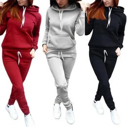 Solid Women Tracksuit Casual Hoodies Sweatshirt Pant Set Lounge Wear Sport Suit 2PCS Autumn Winter Clothes 240223