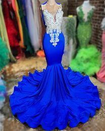 Royal Blue Prom Dresses Pärlade Applices Birthday Party Dress Mermaid Evening Wear Robe de Ball 326