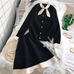 Work Dresses 2024 Winter Women Sweater Sets Two Pieces Knitted Cardigan And Solid Skirts Office Lady Elegant Suits Top Quality