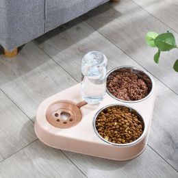 Feeding 500ml Triple Pet Automatic Feeder Stainless Steel Dog Bowl Double Bowl Drinking Water With Fountain Pet Tableware Pet Supplies