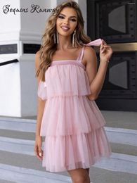 Casual Dresses Sexy Slip Black Pink Mini Mesh Summer Dress Women Backless Gauze Birthday Party Elegant Bridesmaid Evening Vestido