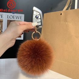 Fluffy Real Fox Fur Ball Poms Keychain For Women Luxury Pompom Keyring Accessories Bag Decoration Emo Trinket Jewellery Gifts 240223