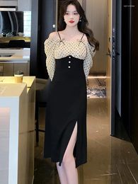 Casual Dresses Black Patchwork Sexy Midi Dress Autumn Winter Chic Prom For Women 2024 Korean Elegant Bodycon Party Night Vestidos