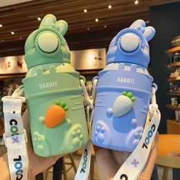 Cute children straw smart thermos cup portable backpack rabbit cartoon thermos cup kindergarten insulation cup