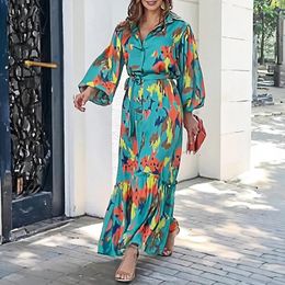 Casual Dresses Vintage Pattern Print Long Party Dress Women Turn-down Collar Button Office Spring Fall Sleeve Belted Boho Maxi