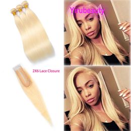 Brazilian Peruvian Indian Virgin Human Hair 613# Blonde Colour 3 Bundles With 2X6 Lace Closure Middle Part Silky Straight 10-30inch