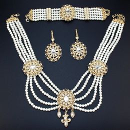 Gold Color Morocco Luxuriant Bride Wedding Jewelry Sets Pearl Beaded Necklace Earring Bracelet For Women 240220