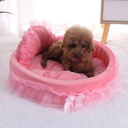 Mats Fantasy Bow Lace Dog Bed Romantic 3D Detachable Oval Pet Princess Bed New Year Dog Soft Sofa Nest Pet Wedding Furniture
