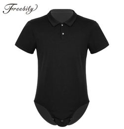 Sexy Mens Bodysuit Short Sleeve Turndown Collar Snappies Crotch Shirt Bodysuit Romper Underwear Y2004099505756