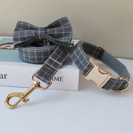 Collars Comfortable and durable Grey plaid dog collar and dog leash for pitbull bull terrier Rottweiler german free engraving Grid 03