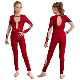 Stage Wear Children Girls Ballet Dance Leotard Figure Ice Skating Gymnastics Acrobatics Yoga Jumpsuit Long Sleeve Shiny Sheer Mesh Bodysuit