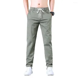 Men's Pants Men Drawstring Elastic Waist Pockets Straight Slim Slightly Strechy Ankle Length Mid Long Trousers