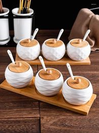 Dinnerware Pot With Seasoning Household Spoon Box Bowl Supplies Salt Pan Bottle Tray Wooden Ceramic Sugar Kitchen