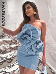 Casual Dresses BOOFEENAA 3d Floral Appliques Strappy Tube Top Short Sexy Party Night Club Outfits Sky Blue Dress For Women C69-EC25