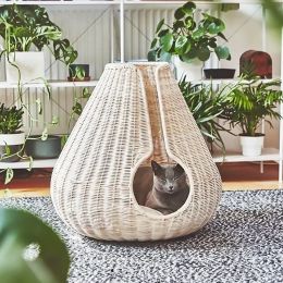 Mats HandWoven Rattan Cat Bed, Cat Sleeping Basket, Condo Cave with Comfy Cushion, Small Dog House, Unique Water Drop Shape