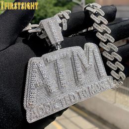 Iced Out Bling Letters ATM Addicted To Money Pendant Necklaces Silver Colour Rectangle CZ Zircon Charm Mens Hip Hop Jewellery 240220