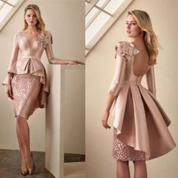 Rose Gold Sheath Mother of the Bride Dresses 3 4 Long Sleeves Lace Floral Appliqued Knee Length Wedding Guest Dress Backless Prom 306H