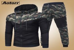 Men Causal Camouflage Patchwork Sets Camo Zipper JacketPants 2PC Tracksuit Sportwear Hoodies Sweatshirt Pant Suit Plus Size CX2009543493