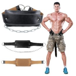 Belt Cowhide Fitness Dip Belt With Chain Dipping Pull Up Leather Weight Lifting Belt Lumbar Back Support Training