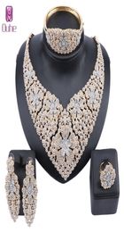 New Fashion Wedding Jewelry Statement Gold Color Crystal Rhinestones Necklace Earrings Bangle Ring Bridal Jewellery Set4047043