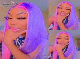 Glueless Straight Lace Front Wig Pink Purple Highlight Preplucked Half Red Blonde Remy Brazilian Human Hair Wigs For Women8465189