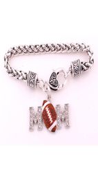 Selling Antique Sliver Plated Zinc Studded With Sparkling Crystal Rhinestone MOM FOOTBALL Pendant Charm Wheat Bracelet1149652