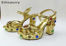 Sandals Luxury Diamond Platform Wedding Shoes Bridal Crystal Rhinestone Chunky Heel Genuine Leather Metal Decor Women3023940