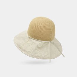 Women Sun Hat Wide Brim Large Bowknot Braided Beach Hat Windproof Strap Splicing Outdoor Hat Anti-UV Fisherman Cap For Summer 240601