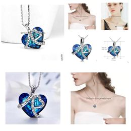 Pendant Necklaces I Love You Heart Blue Crystal Jewelry For Women Girl Valentine Gift Drop Delivery Pendants Dh0S5
