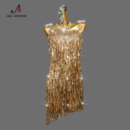 Stage Wear New Latin Dance Competition Come Wear Fringe Dress Practise Clothing Sequins Sexy Plus Size Customization for Girls Line Suit Y240529