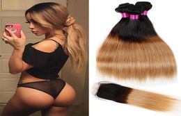 Peruvian Indian Malaysian Brazilian Virgin Straight Hair With Closure Ombre Hair Bundles With Closure 1B27 Blonde Human Hair7098018