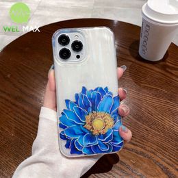 Elegant Blue flower Phone Case For iPhone Pro Max Coloured Three In One ShockProof Soft TPU Silicone Protective Cover