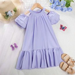 Girl's Dresses Bear Leader Summer Dress New Girls Korean Edition Bubble Sleeve Hollow Solid Cotton Ruffle Dress Childrens Casual Fashion Dress Y240529