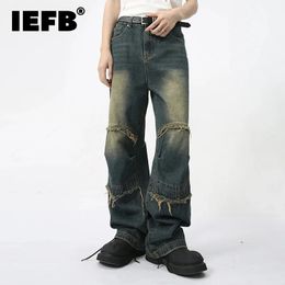 IEFB Mens Straight Leg Jeans Summer Ragged Edge Splicing Design High Street Fashion Personality Male Denim Pants C5823 240601