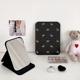 Pu Leather Desktop Stand Mirror Pink Bow Compact Cosmetic Mirror Pocket Make-up Mirror Delicate Light Weight Fold Makeup Mirror 240601