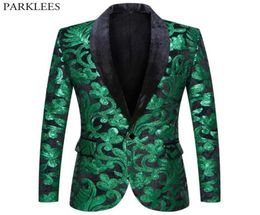 Shiny Green Floral Sequin Tuxedo Blazers Men One Button Shawl Collar Dress Suit Jacket Party Dinner Wedding Prom Singer Costume 225812743