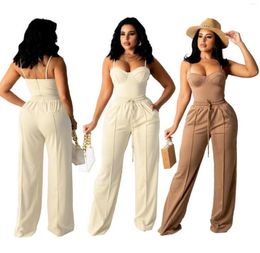 Women039s Two Piece Pants RStylish 2022 Summer Solid Colour Sexy Spaghetti Strap Crop Top Wide Leg Long Women 2 Set2321236