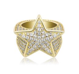 Iced out Bow Five pointed star ring micro zircon for men hip hop bling diamond ring gold silver wedding Ring4572676