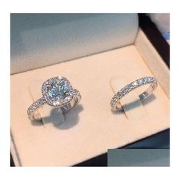 Band Rings 2Pcs/Set For Women Couple Cubic Zirconia Square Ring Lovers Jewelry Bridal Wedding Engagement Romantic Jewellry Gift Drop Dhp5R