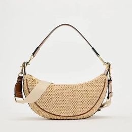 Fashion Woven Hobo Straw Bag Bohemian Half Moon Travel Beach Bags for Women Handbags Designer Handmade Shoulder Crossbody Bag 240524