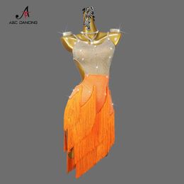 Stage Wear 2024 New Orange Latin Dance Competition Come Women Ballroom Clothes Sexy Girl Party Dress Outdoor Skirt Stage Line Suit Samba Y240529