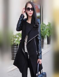 Brand Winter Long Spliced PU Leather Sleeves Woolen Coat Manteau Femme Women Wool Casacos Female Sobretudo With belt Overcoats2251601