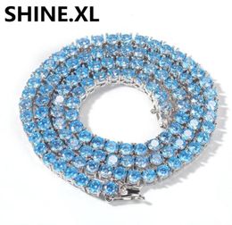 New 4mm 1Row Tennis Chain Iced Out Zircon Shine Blue Zircon Mens Hip Hop Jewellery Gift1045841