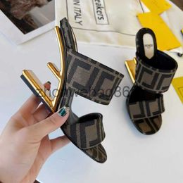 Slippers high heeled slippers Latest fashion printing shoes Sculpted Metallic abnormal heels open toes slip on slides Top quality genuine leather outsole sandal J2
