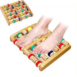 Foot Massager Roller Heath Therapy Acupressure Relax Massage Pain Stress Relief 6 Rows Wooden Shiatsu Feet Care 240516